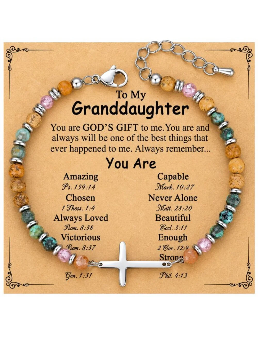 Granddaughter Beaded Cross Bracelet, Inspirational Christian Bible Verse Gift
